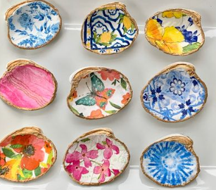 colorful decoupaged shells with different patterns