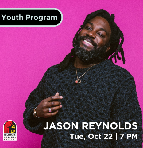 Portrait of a man from the waist up, right hand raised to his chest, smiling joyfully, text above reads "Jason Reynolds"