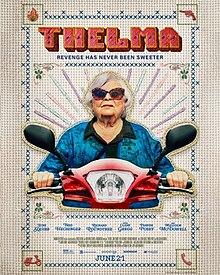 Thelma movie poster, portrait photo of older woman wearing sunglasses riding a rascal 