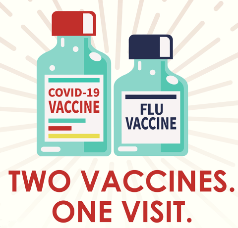 Words that read Two vaccines one visit. A covid-19 vaccine vile and a flu vaccine vile.