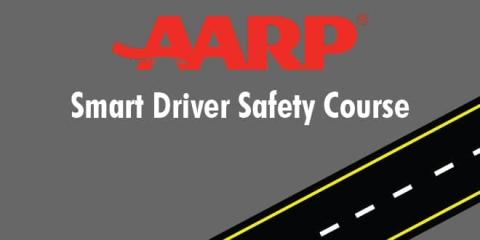 Text reads AARP Smart Driver Safety Course, with a small strip of road with a dotted line in the corner