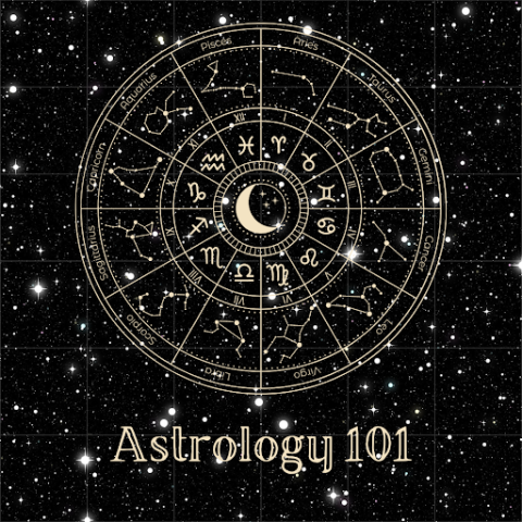 Zodiac star chart with black background of stars, text reads Astrology 101