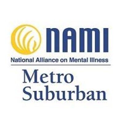 Nami (national alliance on mental health) metro suburban logo featuring NAMI in capital letters and a golden circle with wavy lines inside it