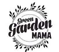 Text reads Green Garden Mama with Garden in the largest font in the middle of a circle wreathed by leaves