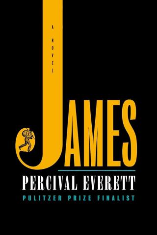 Book cover of the book James by Percival Everett, The name "JAMES" in capital letters, with the J extending to the top of the book cover, and a small figure holding a bindle inside the curl of the J, the author's name below "JAMES", also in capital letters