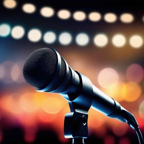 Microphone in quarter profile resting in a mic stand with blurry colorful lights behind it