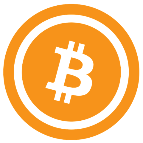 Bitcoin logo: a thick lined circle around a solid circle with a capital B in the center, with dollar lines through it