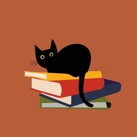 Cartoon drawing of a black cat sitting on top of a stack of books
