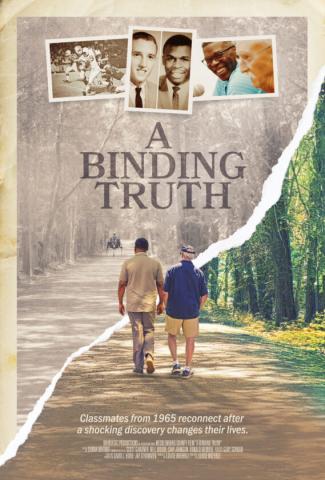 Movie poster for A Binding Truth depicts the backs of two figures as they walk together, a diagonal rip going through the image, with half of the image in black and white and half in color
