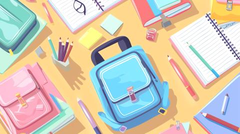 Graphic of school supplies, like backpacks, notebooks, pens, etc.