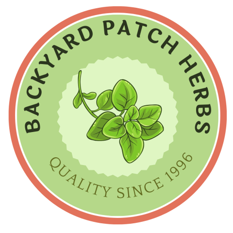 Circle with a wider circle inside of it and an image of an herb plant in the center, the text surrounding the image reads "Backyard Patch Herbs Quality Since 1996"