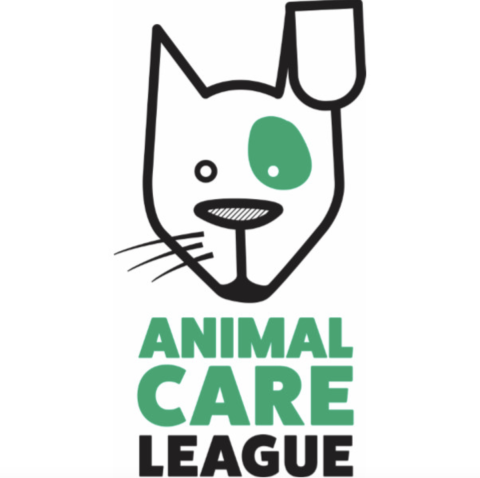 A cute, simple cartoon drawing of an animal face that is half cat/half dog with the text Animal Care League beneath the drawing