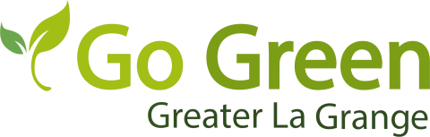 A pair of leaves with large text Go Green next to them, smaller text just below Go Green reads Greater La Grange
