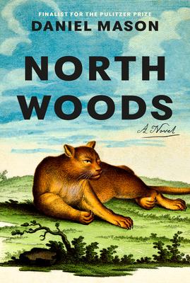 Book cover for Daniel Mason's North Woods, a vibrant painting of a mountain lion laying in the grass with a blue, cloudy sky above it. The text Daniel Mason is at the top of the cover, with the title North Woods in large font below.