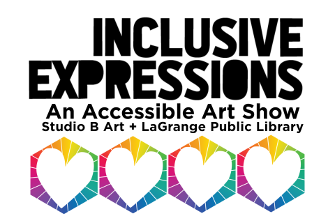 Copy reads Inclusive Expressions An Accessible Art Show and with four hearts with surrounding rainbow shape