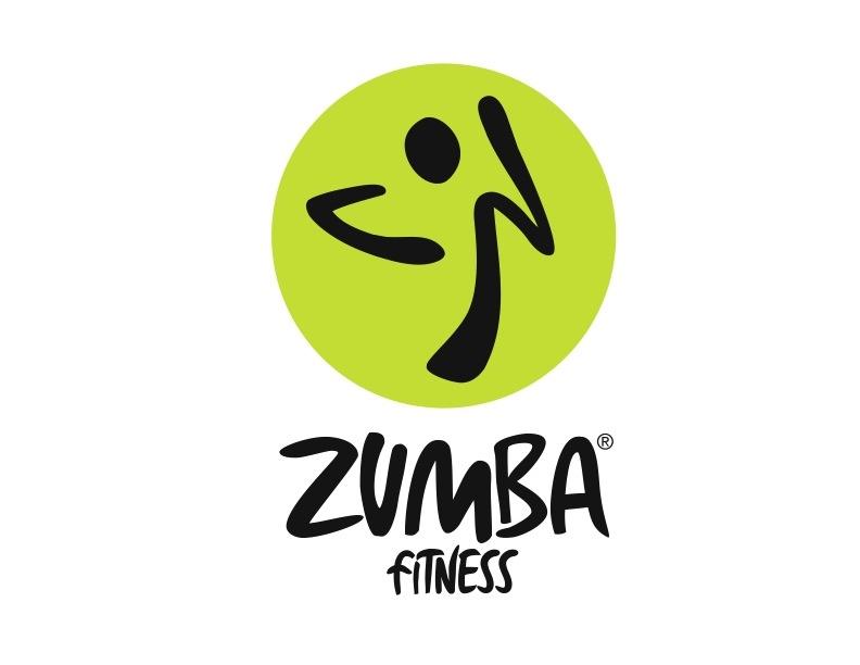 Logo that reads Zumba fitness with a line drawing of a human profile inside a green circle