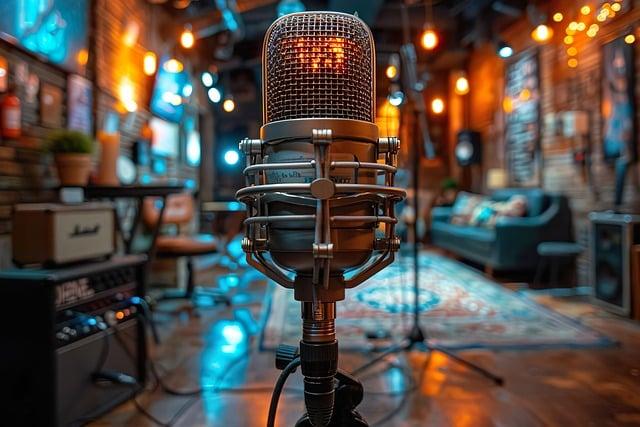 Closeup of a microphone in a performance space