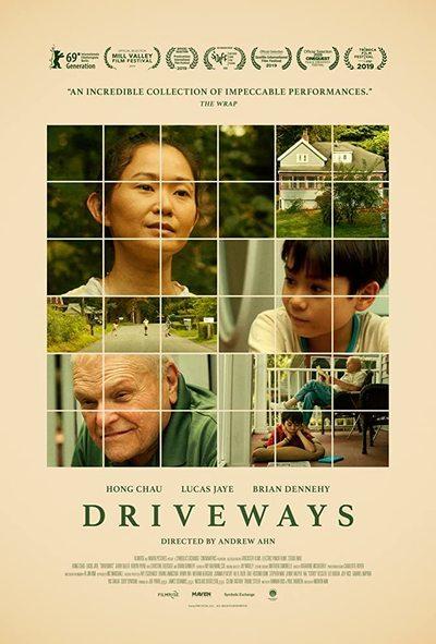 Driveways movie poster featuring three portraits, a mother, a young son, and an older man