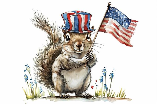Drawing of a squirrel wearing an American flag hat and holding an American flag