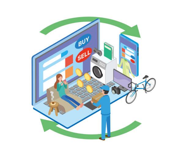 Graphic of computer and people buying and selling items online